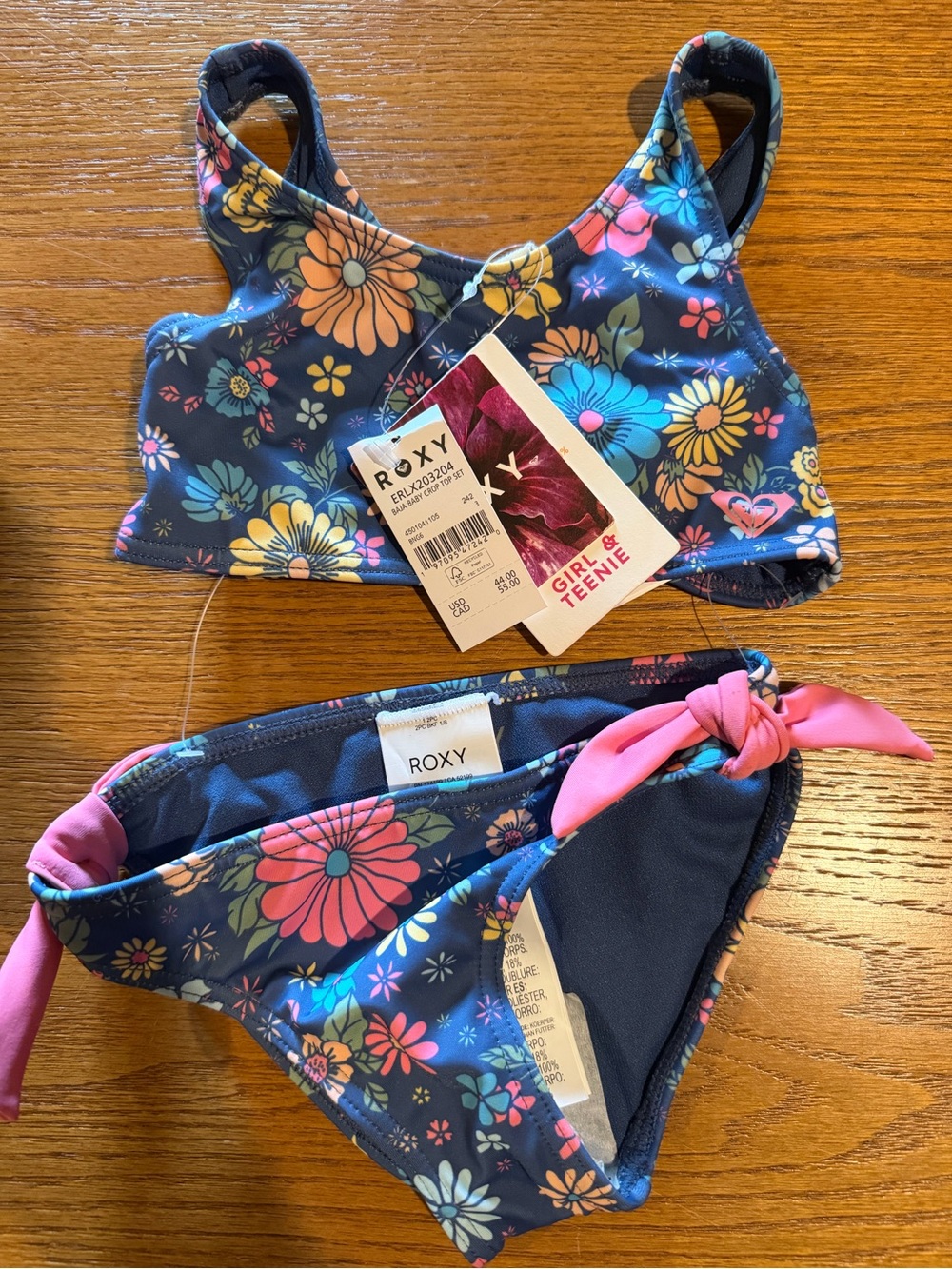 Roxy Girls Floral Navy Bikini Set with Pink Ties